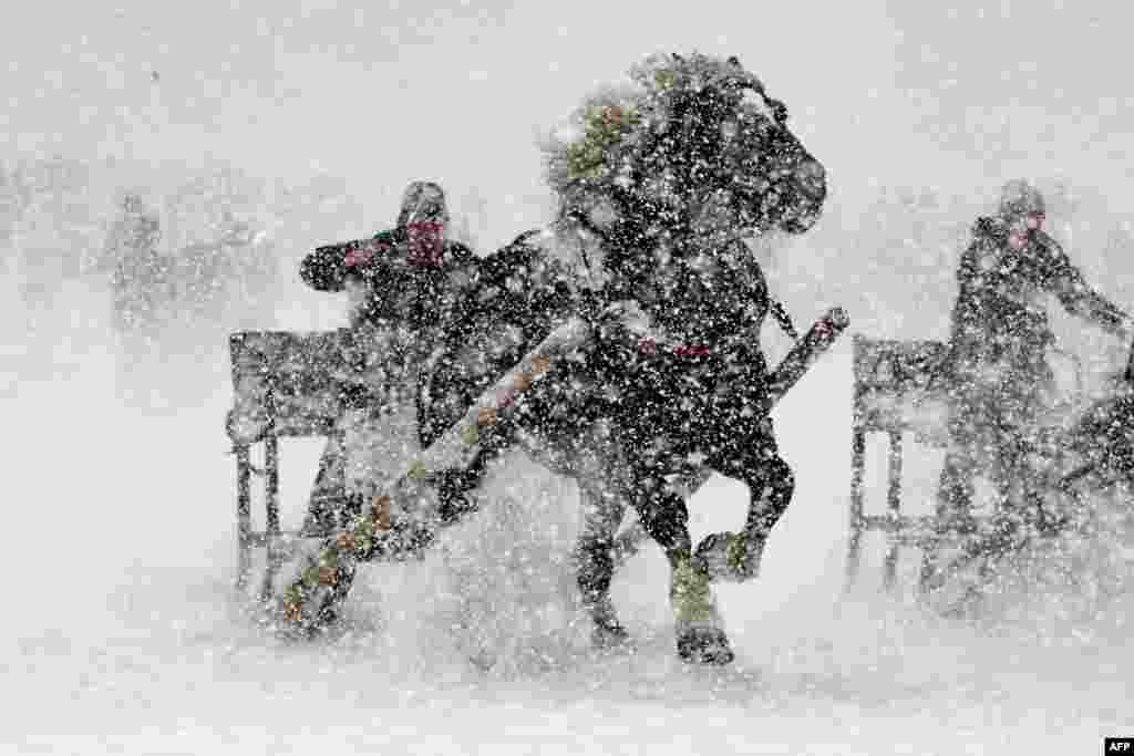 A participant of a horse-drawn sleigh race drives his sleigh through the snow in Rinchnach, southern Germany, Jan. 15, 2017.